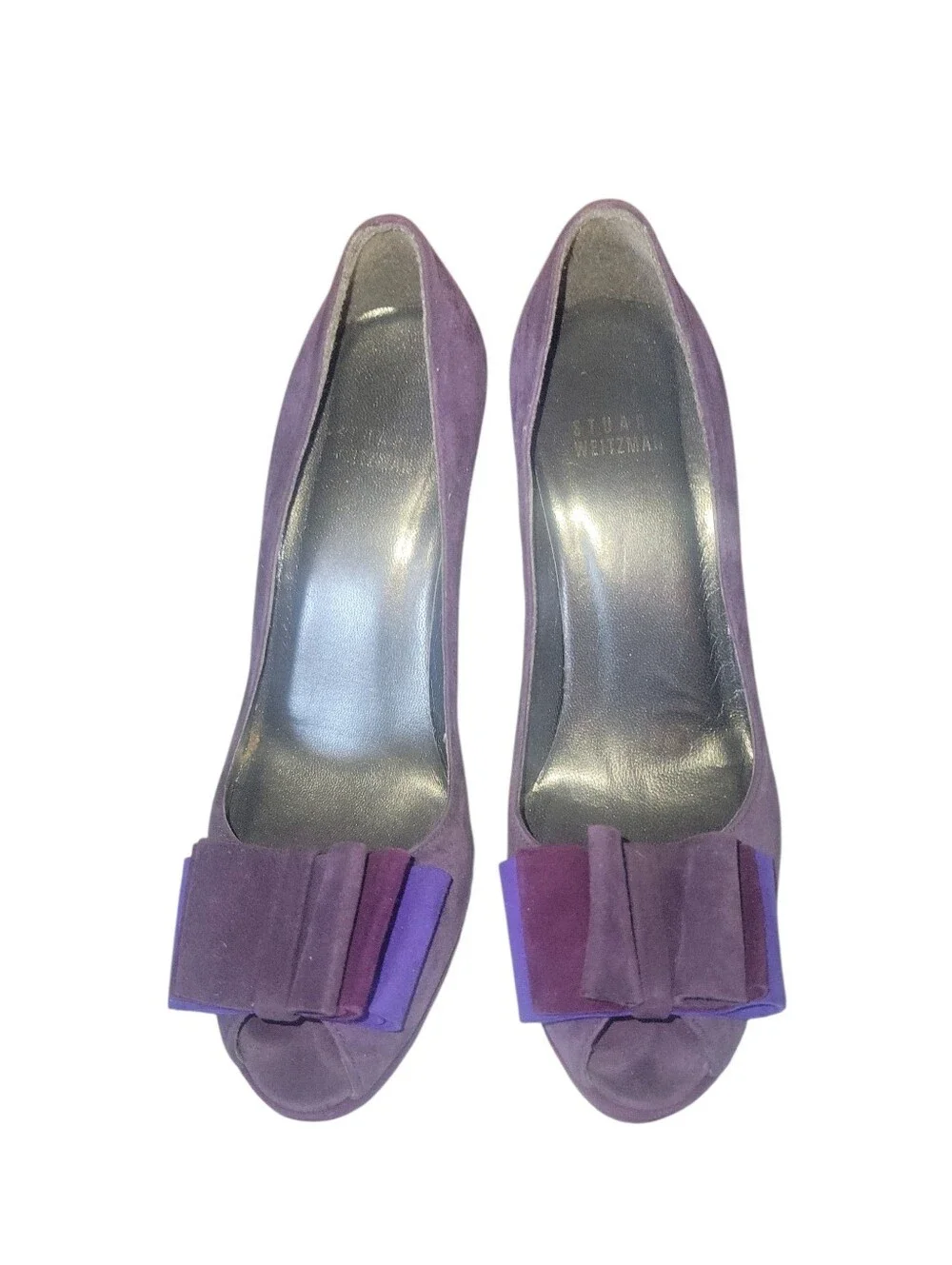 Stuart Weitzman Purple Suede Peep-Toe Pumps with Layered Bow Stiletto Heels 6M